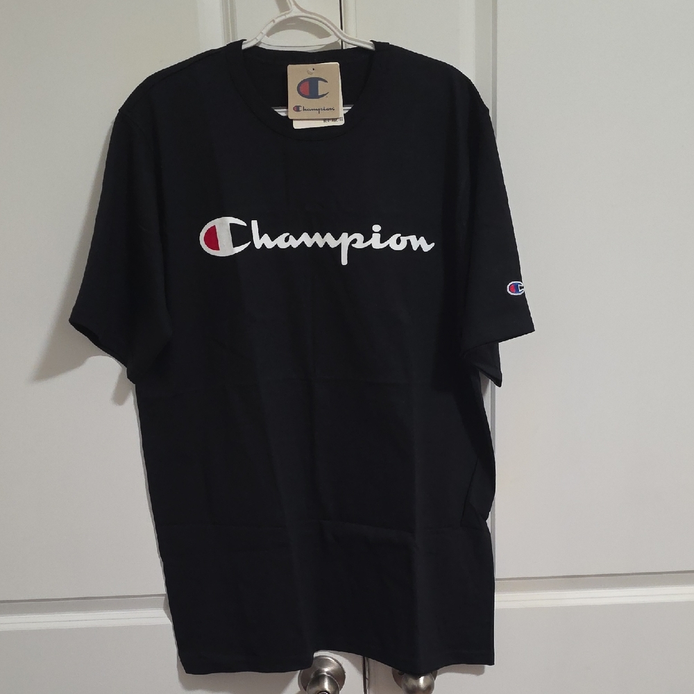 Champion Heritage Black T-Shirt with White Script Logo and Red Accent